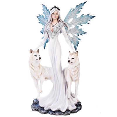 Large 23' Tall Blizzard Frost Flake Fairy With Two Snow Pet Wolves Statue Figurine