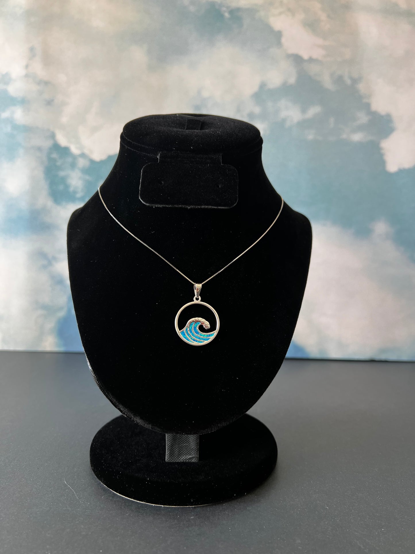 Large Sterling Silver .925 Blue Syn, Opal Pendant Crested Wave