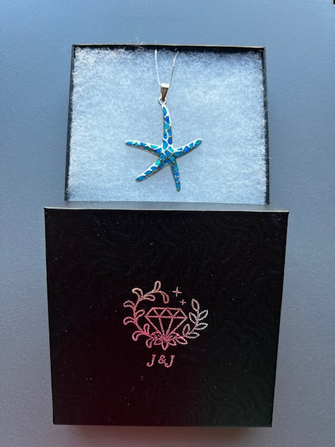 Large Sterling Silver .925 Blue Syn Opal Starfish Pendant