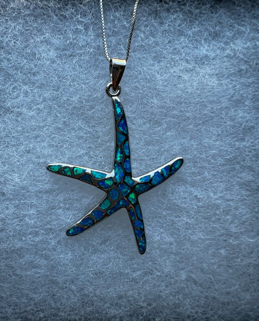 Large Sterling Silver .925 Blue Syn Opal Starfish Pendant