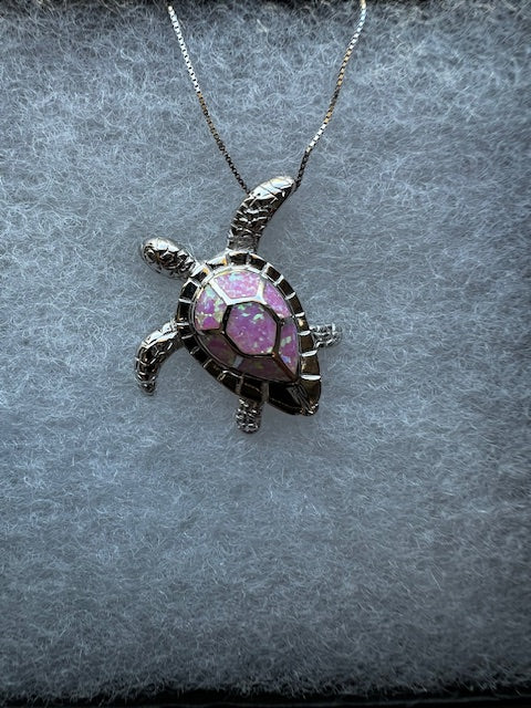 Large Sterling Silver .925 Pink Syn Opal Sea Turtle