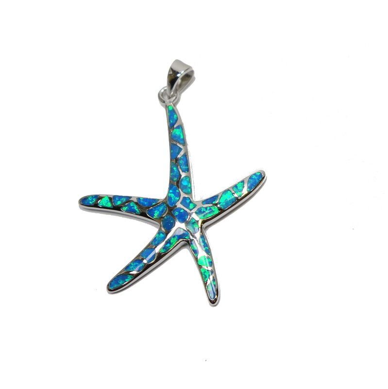 Large Sterling Silver .925 Blue Syn Opal Starfish Pendant