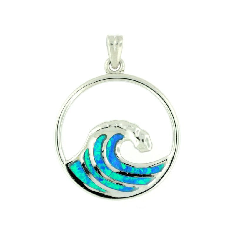 Large Sterling Silver .925 Blue Syn, Opal Pendant Crested Wave